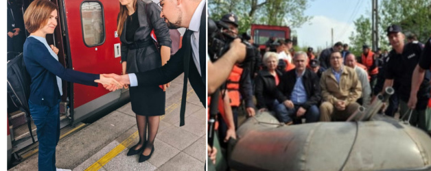 Stânga: președintele Moldovei cu trenul prin Europa. Dreapta: politicieni din România duși cu pluta